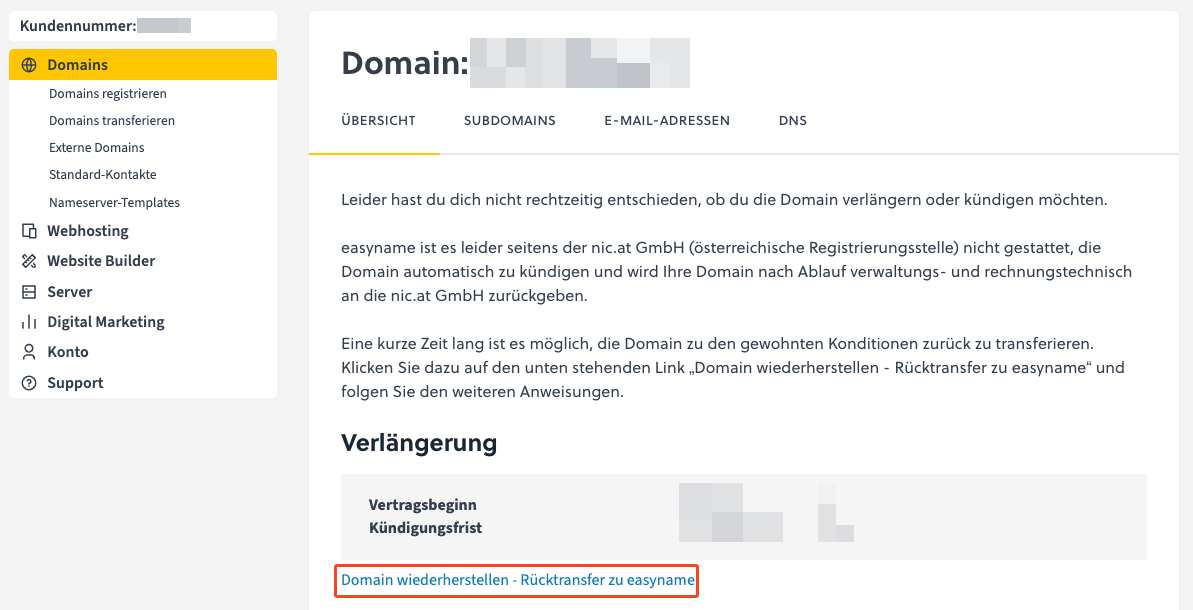.at-Domain über Rücktransfer wiederherstellen