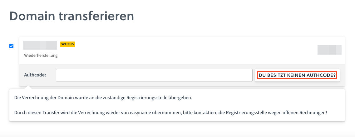 AuthCode für .at-Domain eintragen oder anfordern