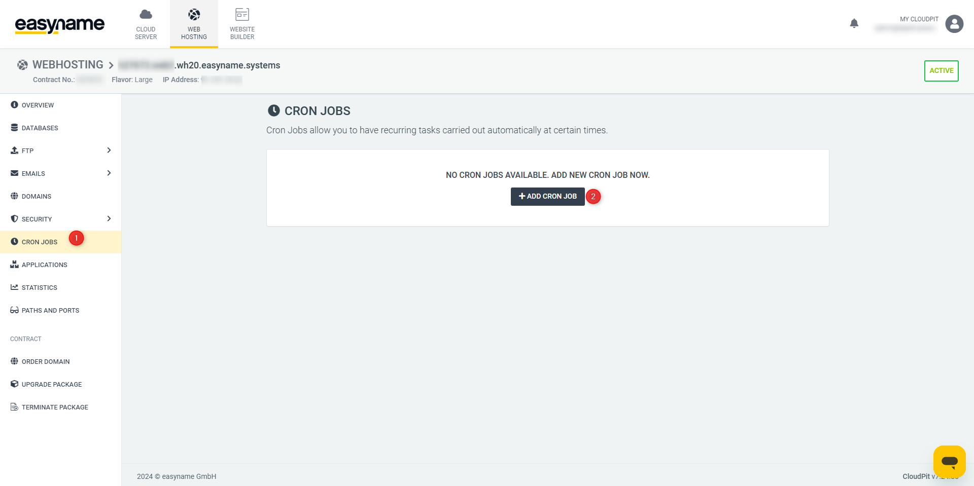 Screenshot von der Webhostingverwaltungsoberfläche, wobei der Menüpunkt Cronjobs mit einer 1 und Cronjob hinzufügen mit einer 2 markiert sind.