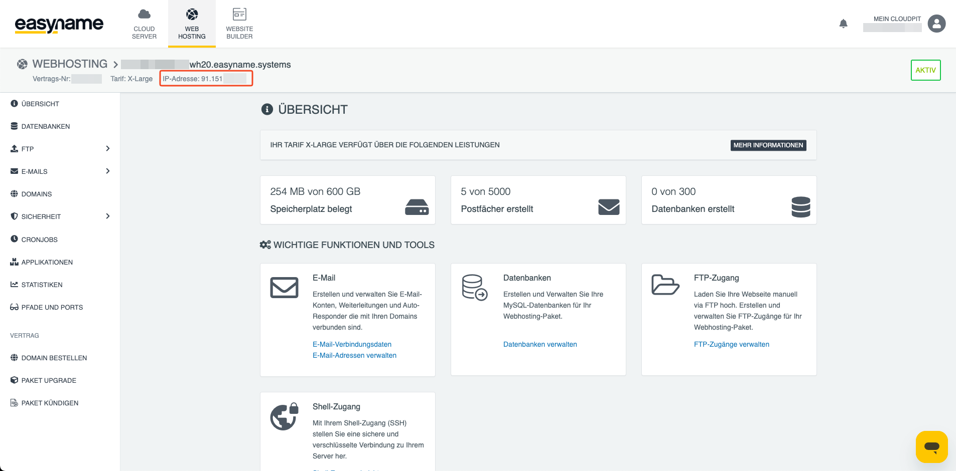 IP-Adresse in der Übersicht eines Webhosting-Pakets im CloudPit