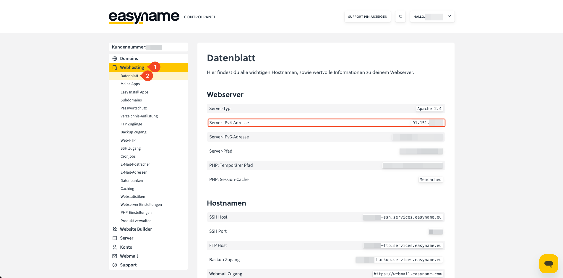 Webhosting-Datenblatt mit Server-IPv4-Adresse im Controlpanel