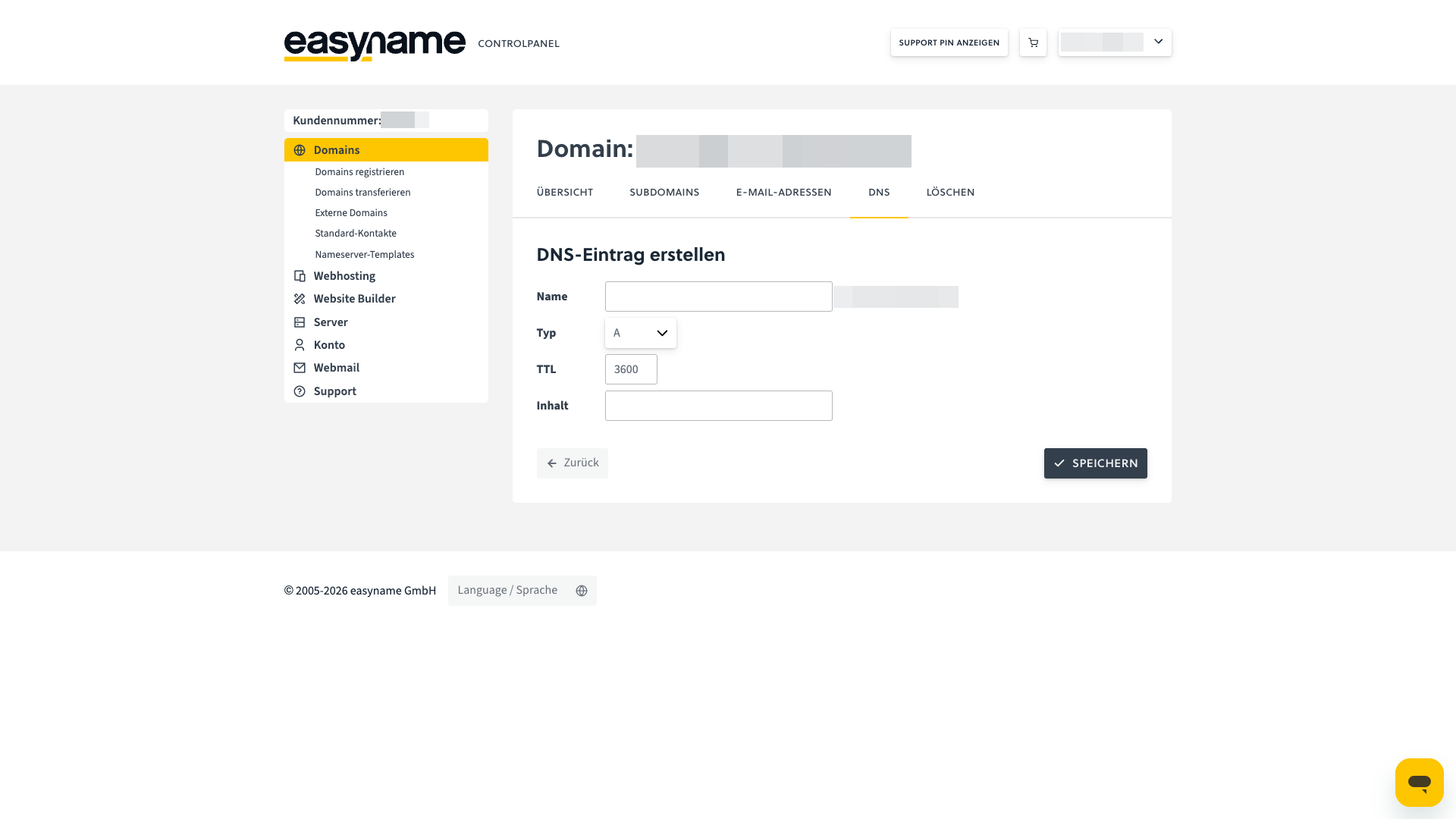 Record-Typ und Werte eines DNS-Eintrags im Controlpanel festlegen