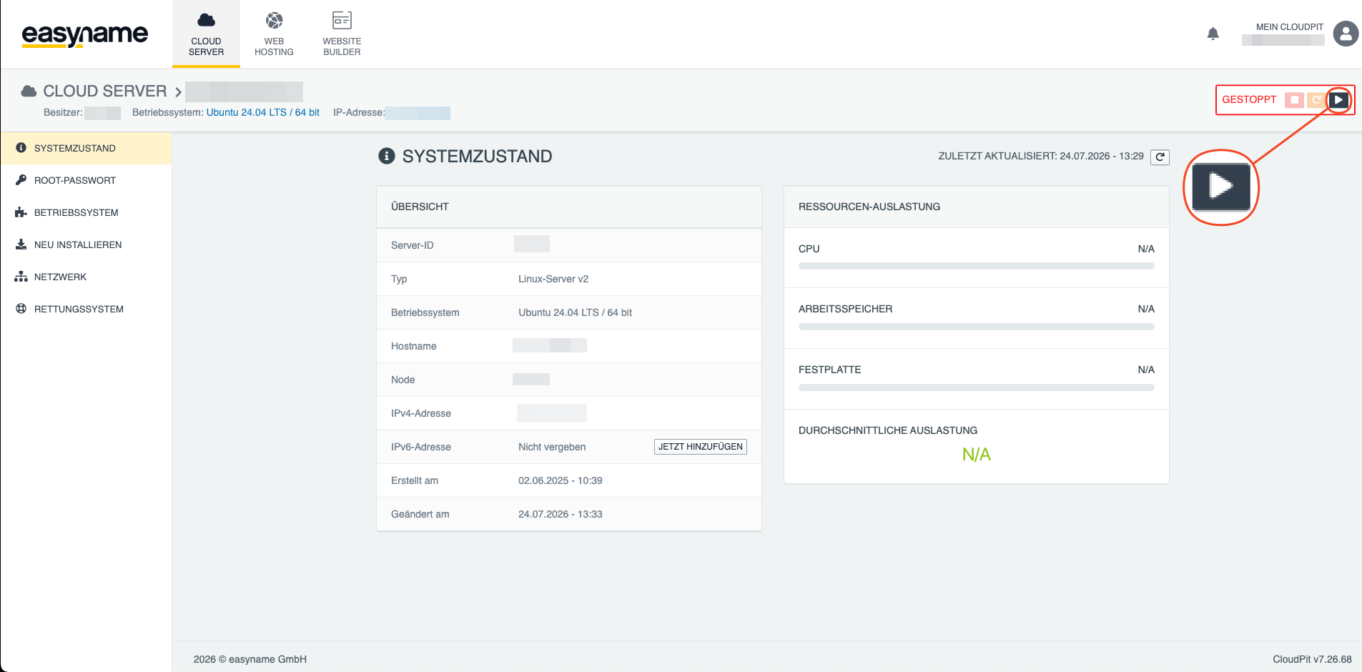 Gestarteter VPS-Server in der easyname Cloud-Server-Verwaltung