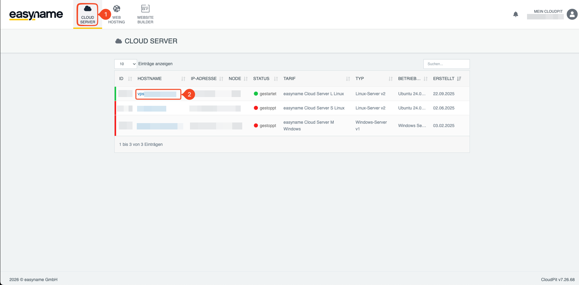 Bereich CLOUD SERVER mit der Übersicht der VPS-Server im easyname Kundenkonto